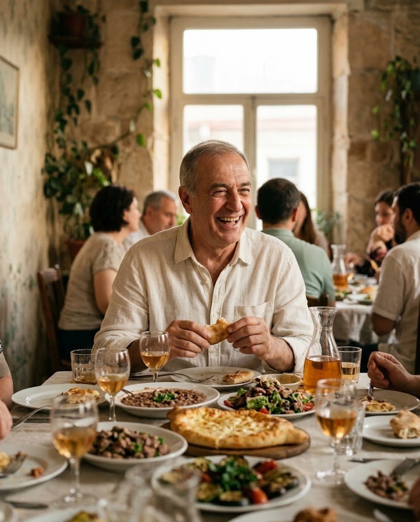 A man in his sixties enjoying a meal at a Georgian dinner table