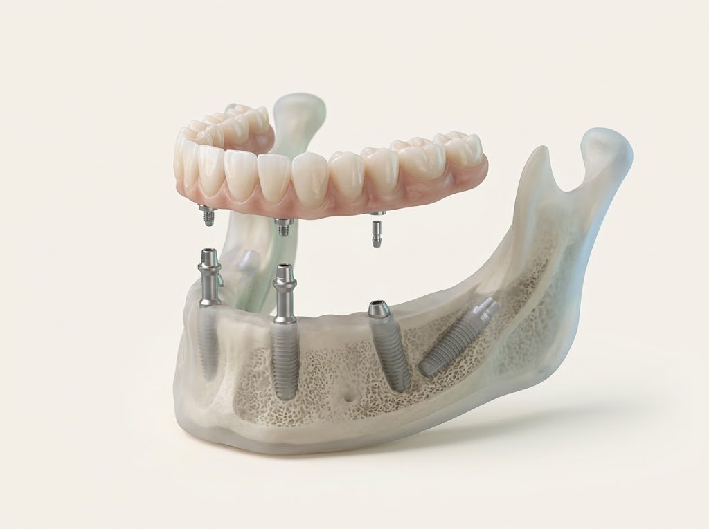 3D illustration of a lower jaw with four implants, two angled at the back, holding a fixed bridge