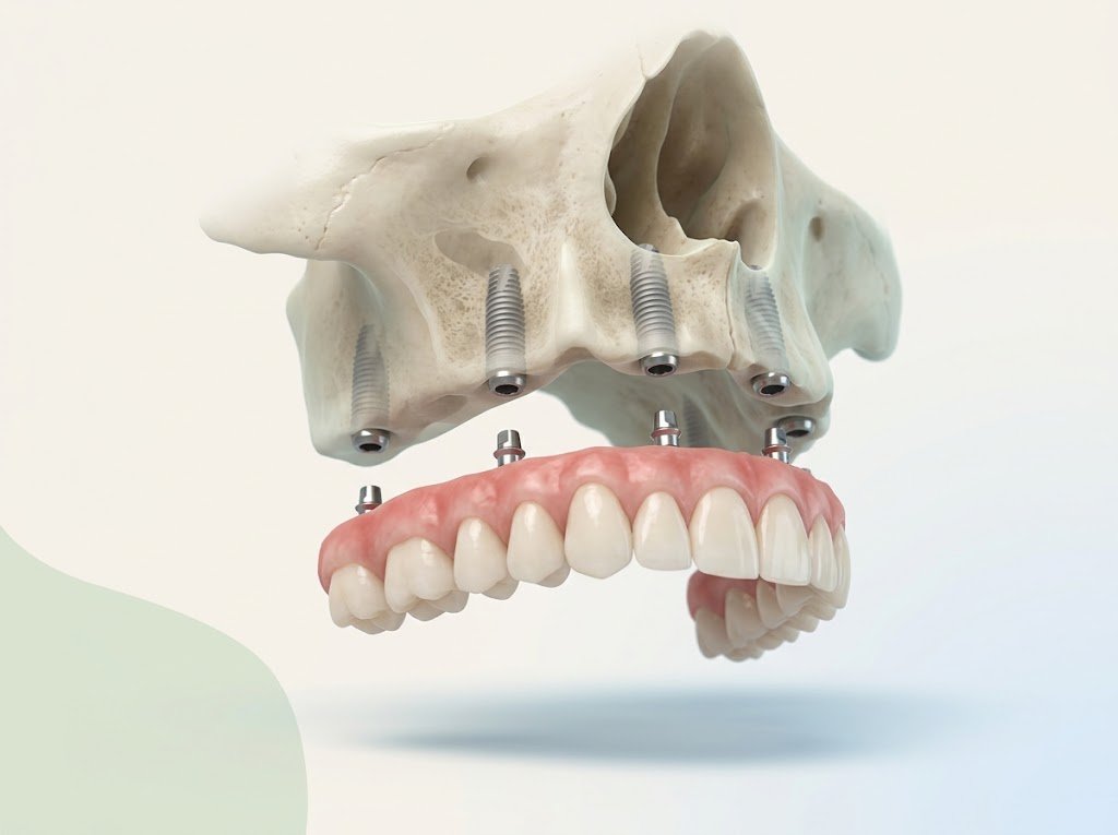 3D illustration of an upper jaw with six implants supporting a fixed bridge