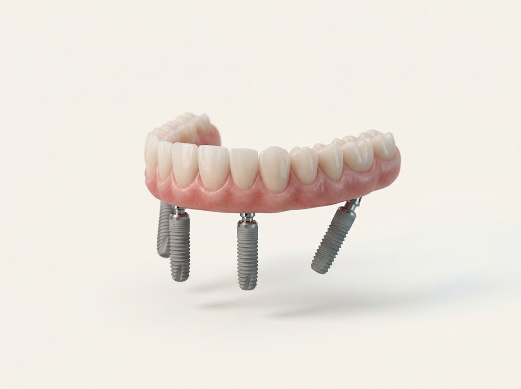 3D render of a full-arch bridge on four implants