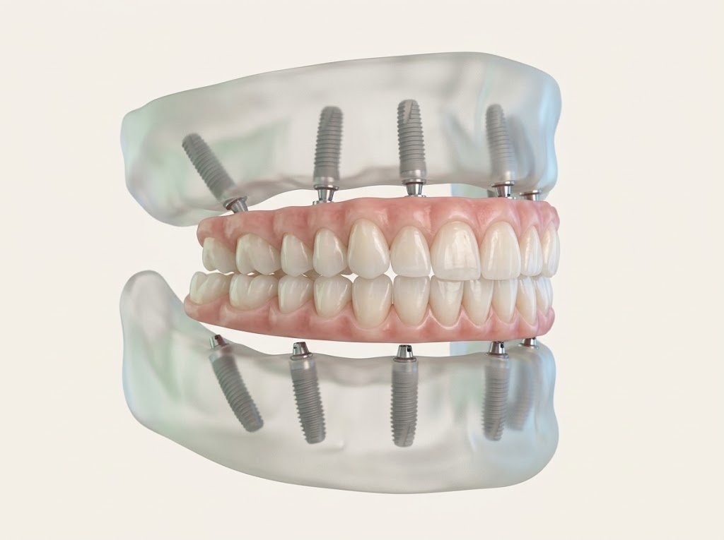 3D render of a reinforced full-arch bridge on six implants