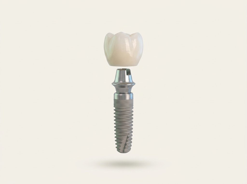 3D render of a single dental implant with a zirconia crown
