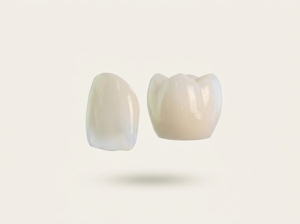 3D render of a thin ceramic veneer beside a ceramic crown