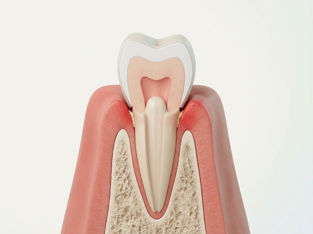 Magnified illustration of a poorly fitting crown edge with a gap at the gumline and inflamed gum