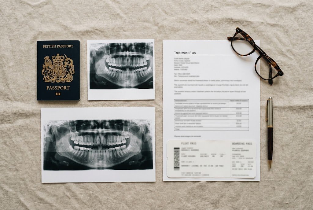 A passport, dental X-ray and written treatment plan on a table