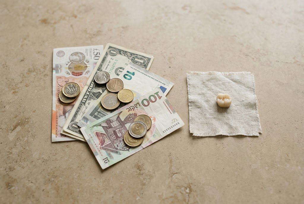 Pound, dollar, euro and lari banknotes beside a single ceramic crown