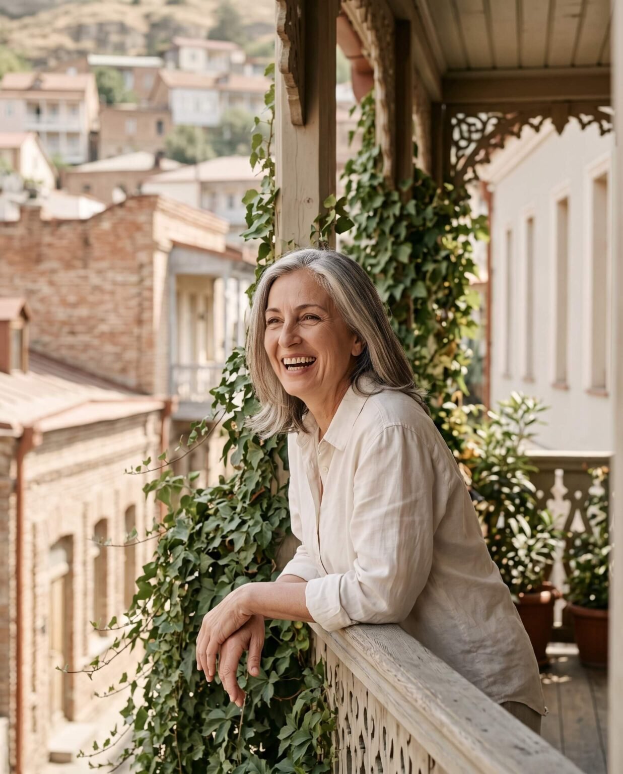 A woman in her late fifties laughing on a sunny balcony in Tbilisi
