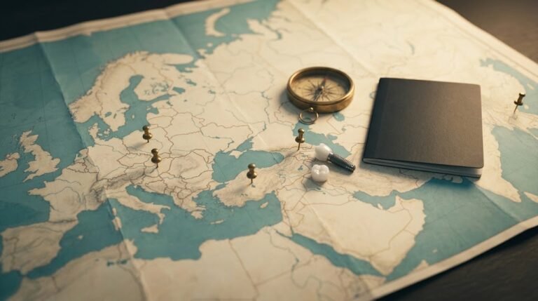 A map with pins on five countries, a dental implant beside the pin on Georgia