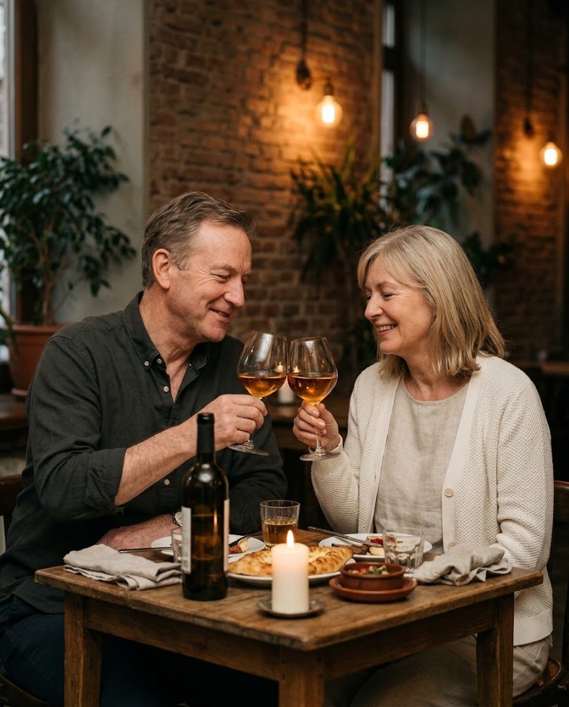 A couple raising glasses of wine at dinner in Tbilisi