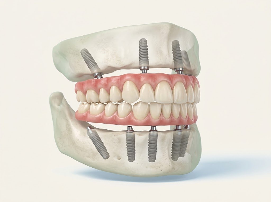 3D illustration of upper and lower jaws each fitted with implants and a fixed bridge