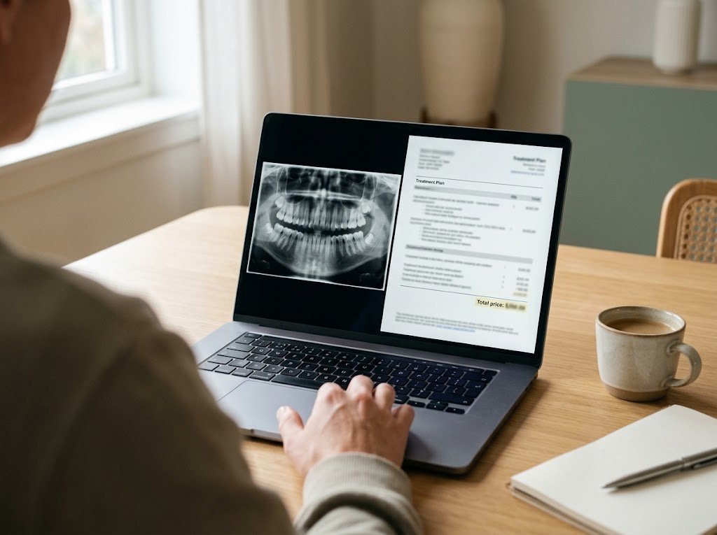 A written treatment plan and X-ray on a laptop screen