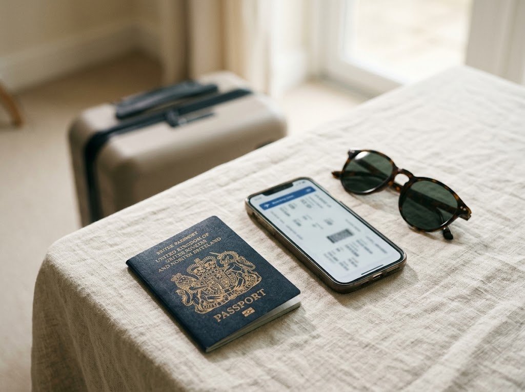 A passport and phone with a flight booking on a table