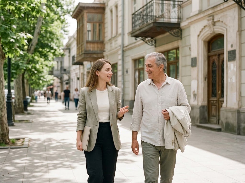 A coordinator walking with a patient on a Tbilisi street