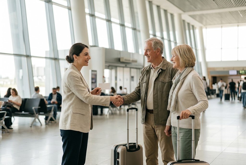 A coordinator welcoming a couple at Tbilisi airport arrivals