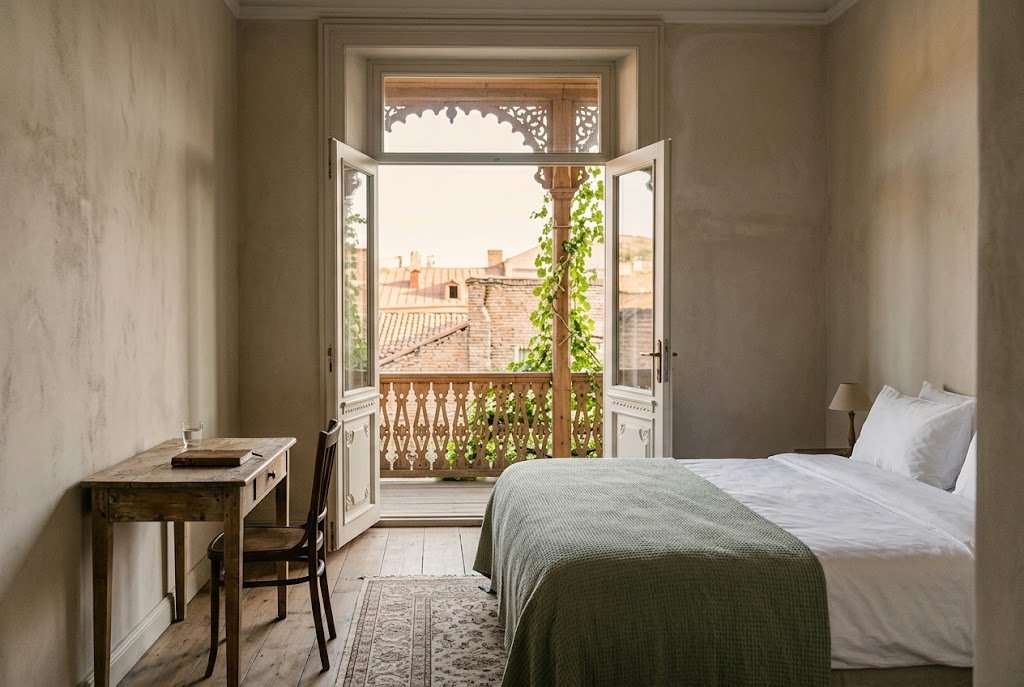 A calm boutique hotel room with a balcony view over Tbilisi
