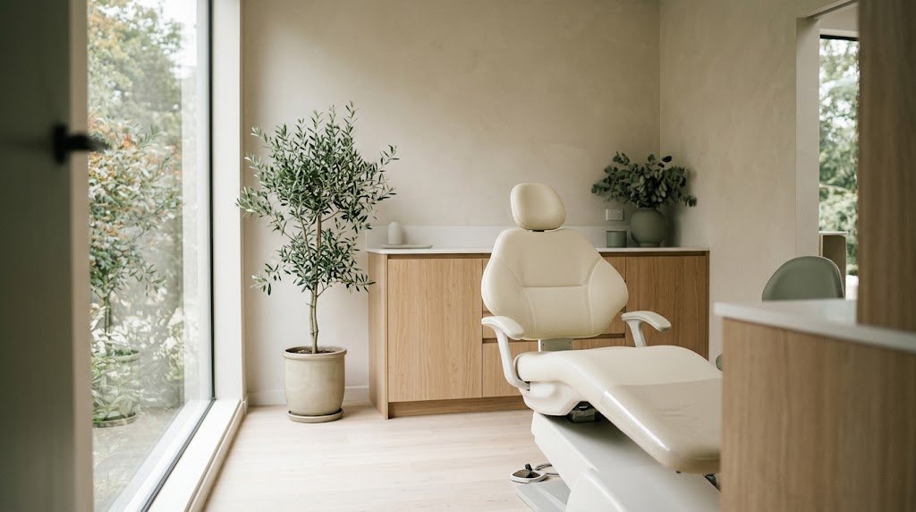 A calm, modern dental treatment room in daylight