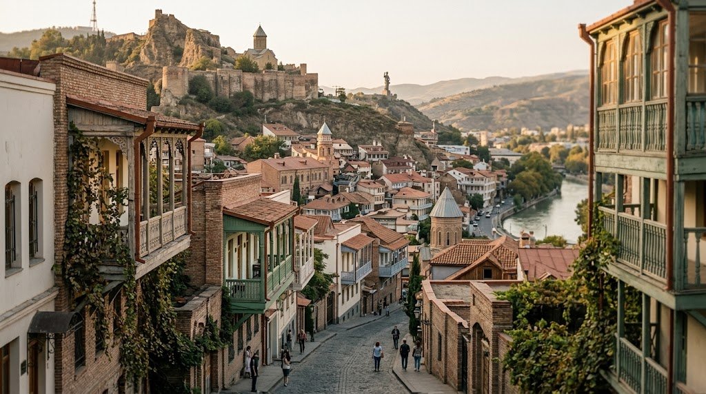Tbilisi old town rooftops and Narikala fortress at golden hour