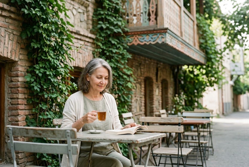 A woman relaxing with tea on a café terrace in Tbilisi