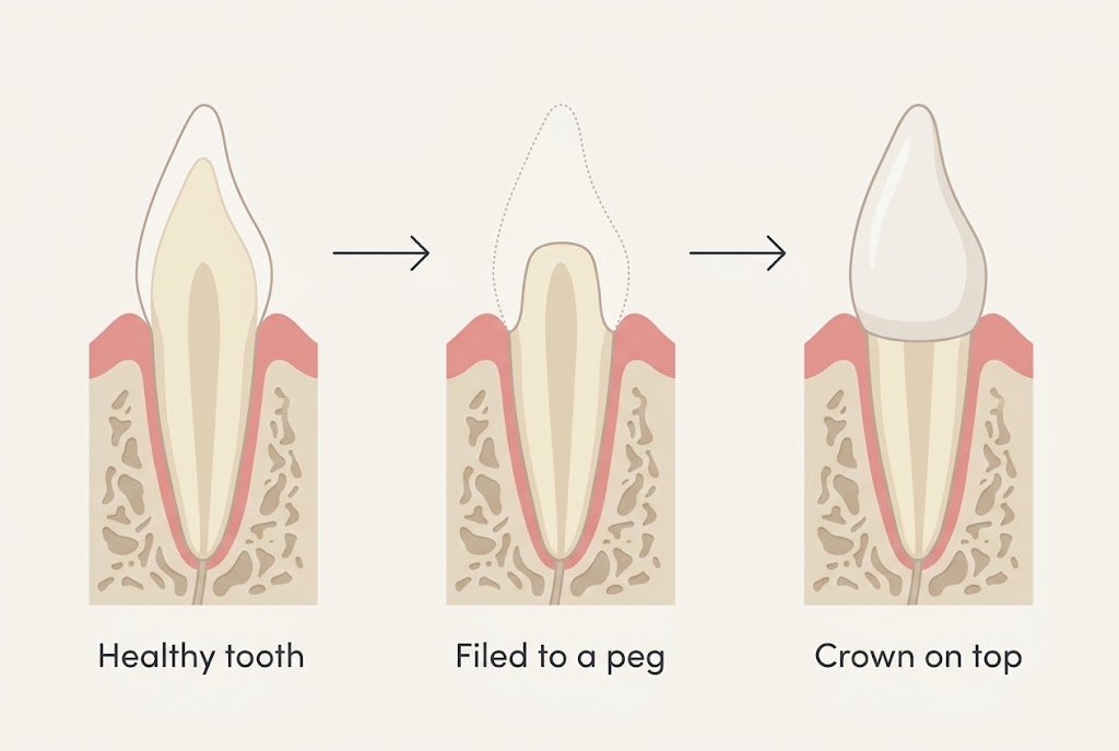 Diagram: a healthy tooth, the same tooth filed to a peg, and a crown placed over it