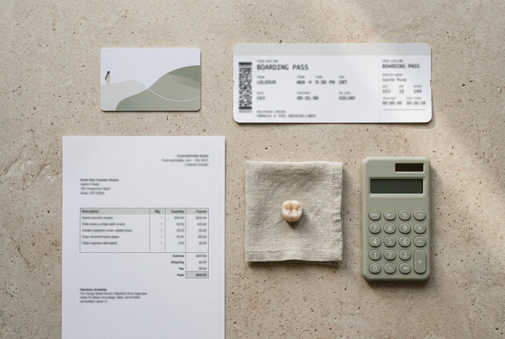 A hotel key card, boarding pass, printed quote and a dental crown on a table