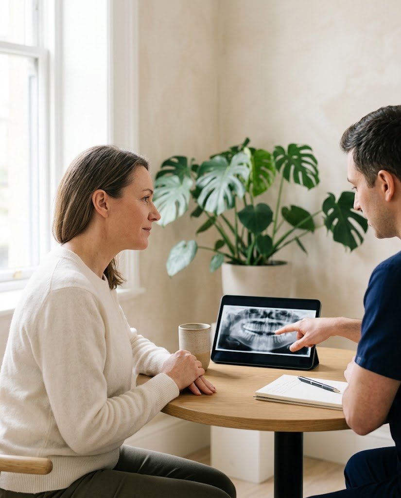 A woman listening as a coordinator explains her dental X-ray on a tablet