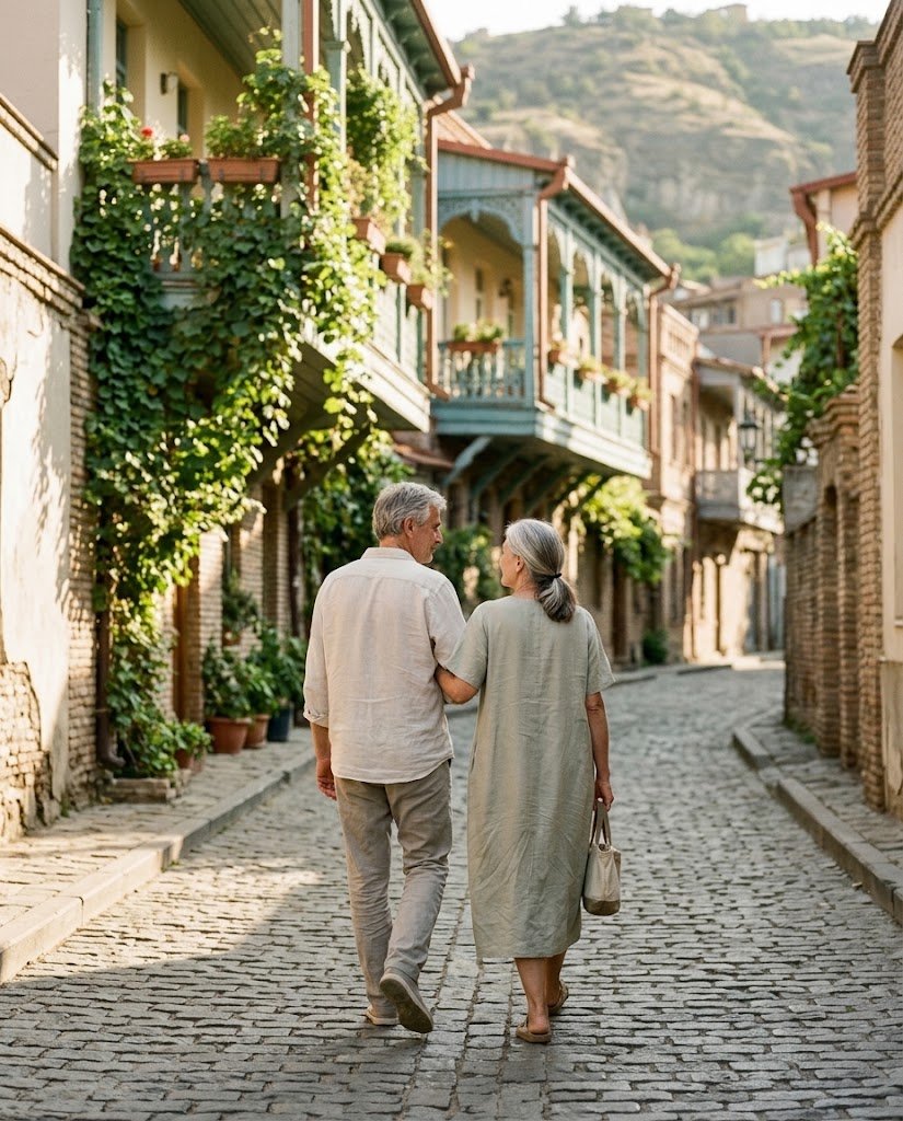 A couple in their sixties walking slowly through Tbilisi old town