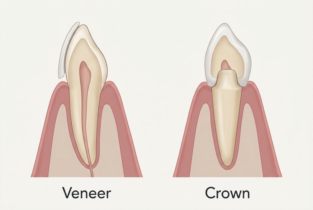 Cross-section diagram comparing a thin veneer on a front tooth with a crown over a tooth filed down to a peg