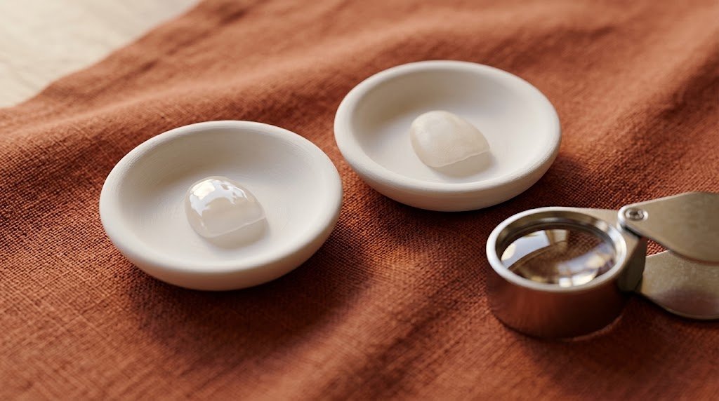 Una carilla de porcelana y una de composite sobre platos blancos