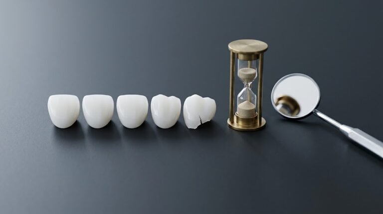 A row of zirconia crowns, one chipped, beside an hourglass