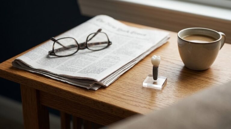 Reading glasses, a newspaper and a dental implant model on a side table