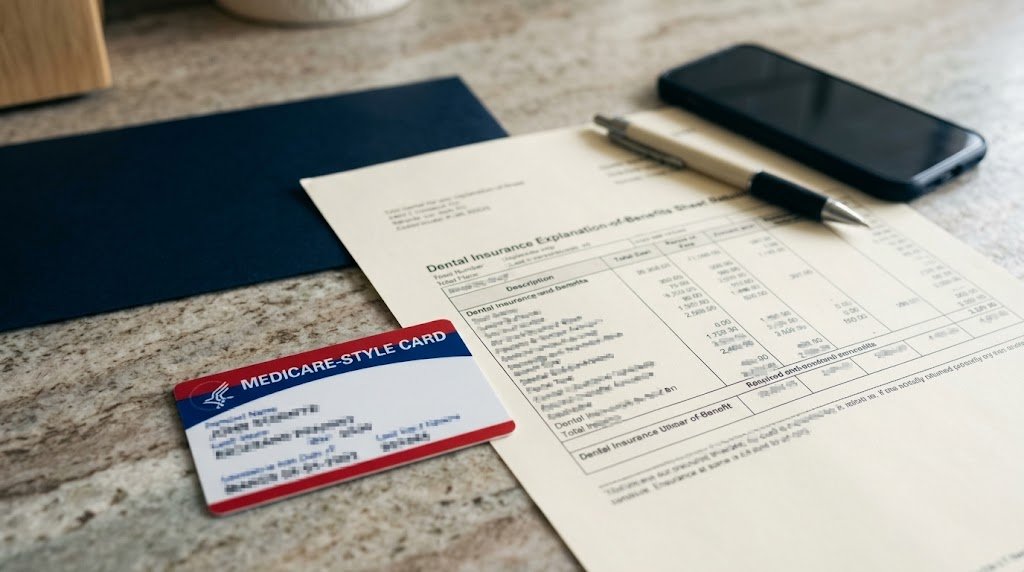 An insurance card and a benefits statement on a kitchen counter