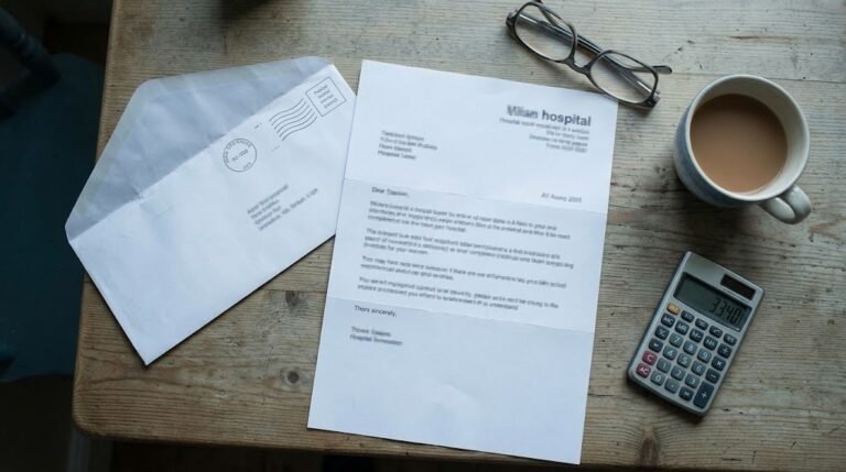 A hospital letter, reading glasses and a calculator on a kitchen table